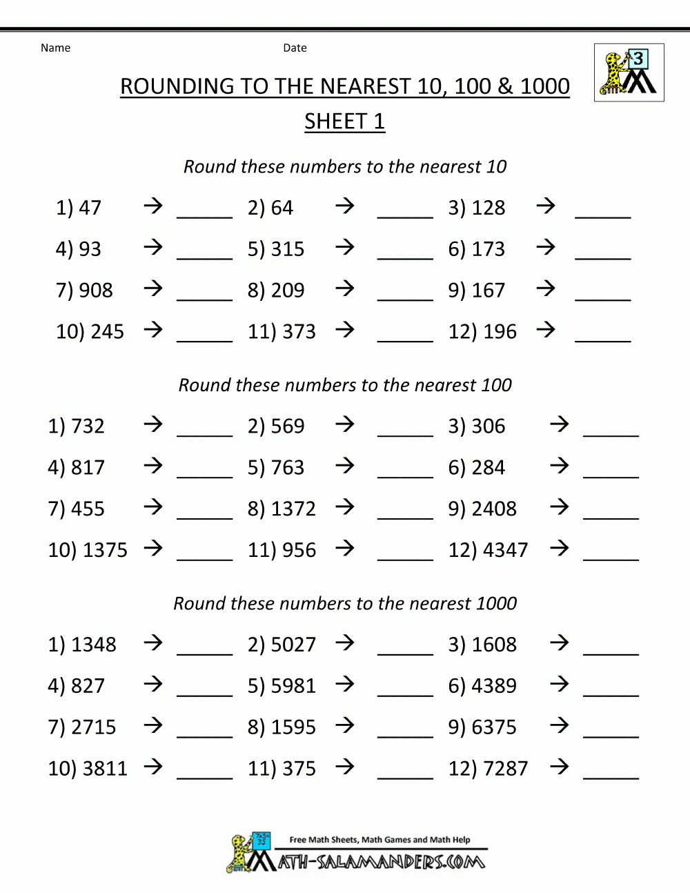 Rounding Numbers Worksheets Nearest 10 100 1000 1 | Education | Rounding Numbers Printable Worksheets