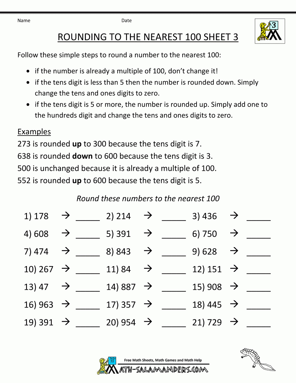 Rounding Numbers Worksheets To The Nearest 100 | Rounding Numbers Printable Worksheets