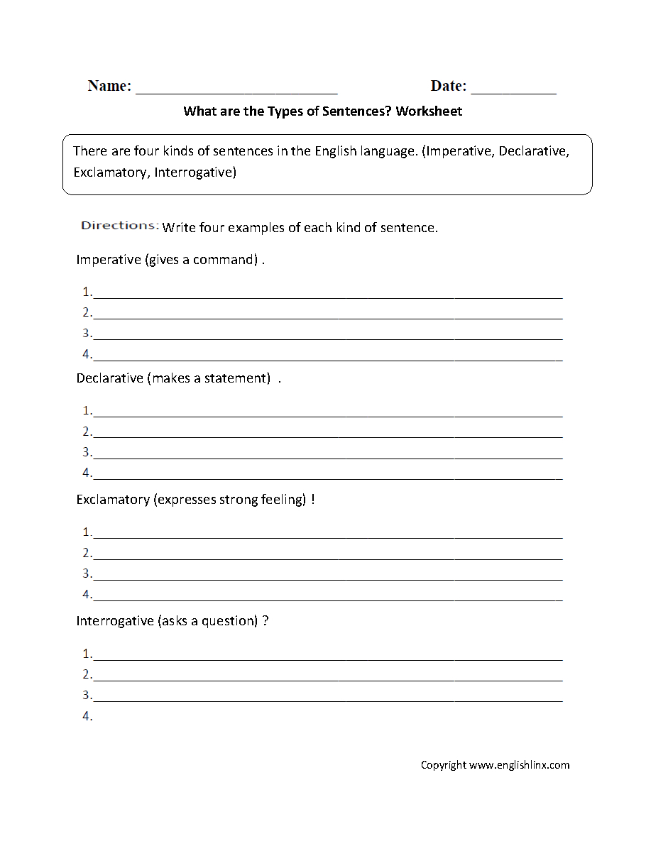 Sentences Worksheets | Types Of Sentences Worksheets | Free Printable Types Of Sentences Worksheets