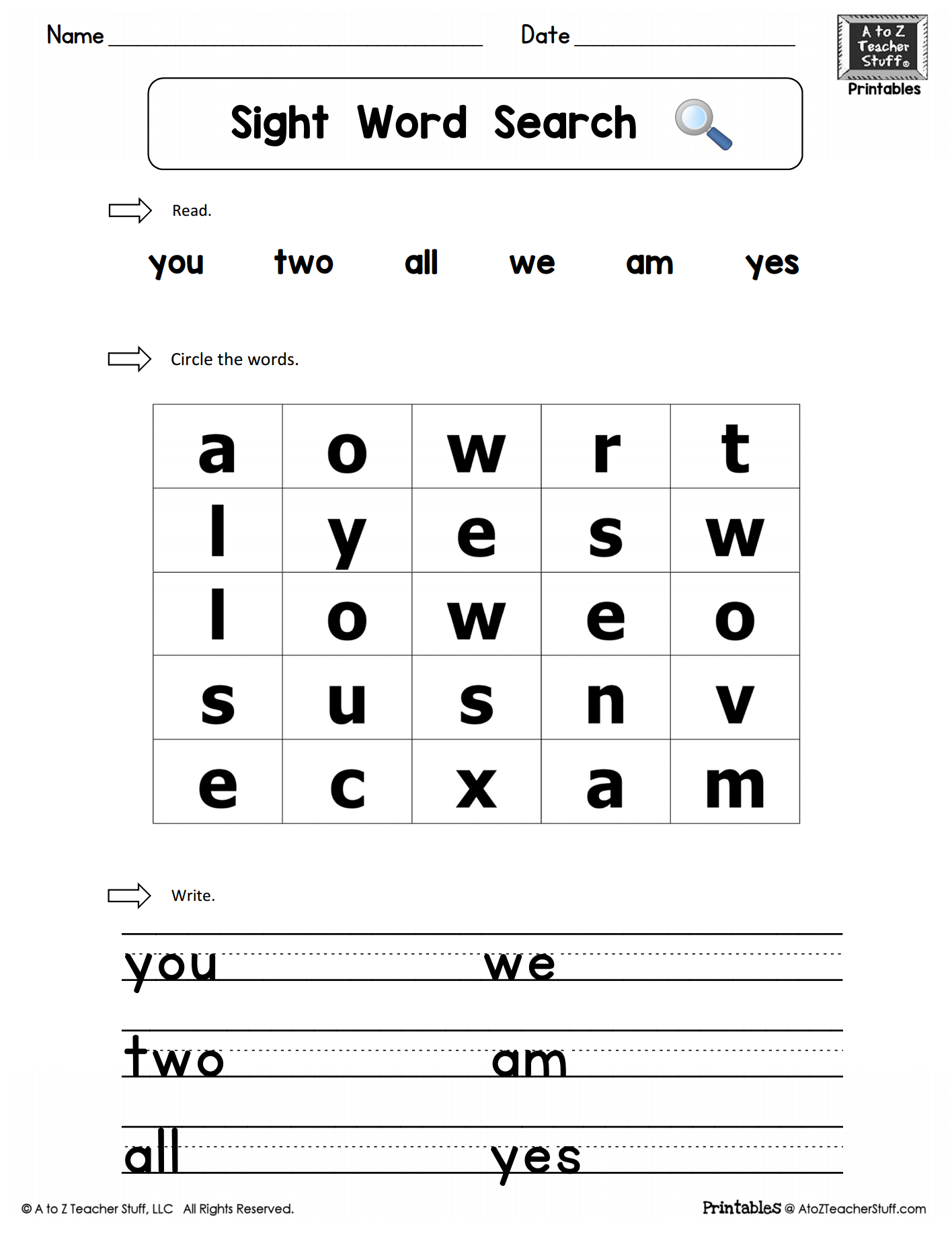 Sight Words Practice Word Search: You, Two, We, All, Am, Yes | A To | 1St Grade Sight Words Printables Worksheets