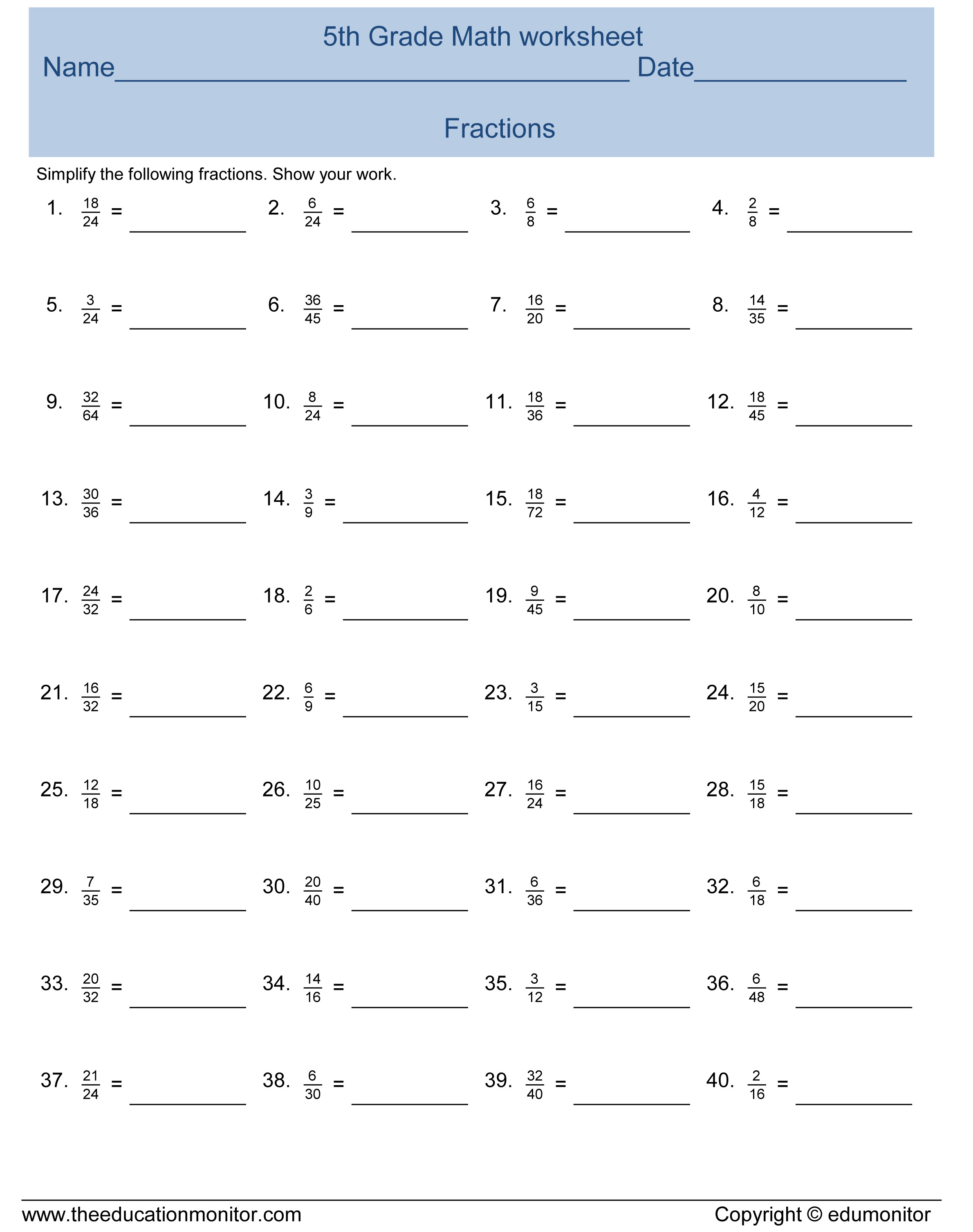 Free Printable Simplifying Fractions Worksheets Printable Worksheets