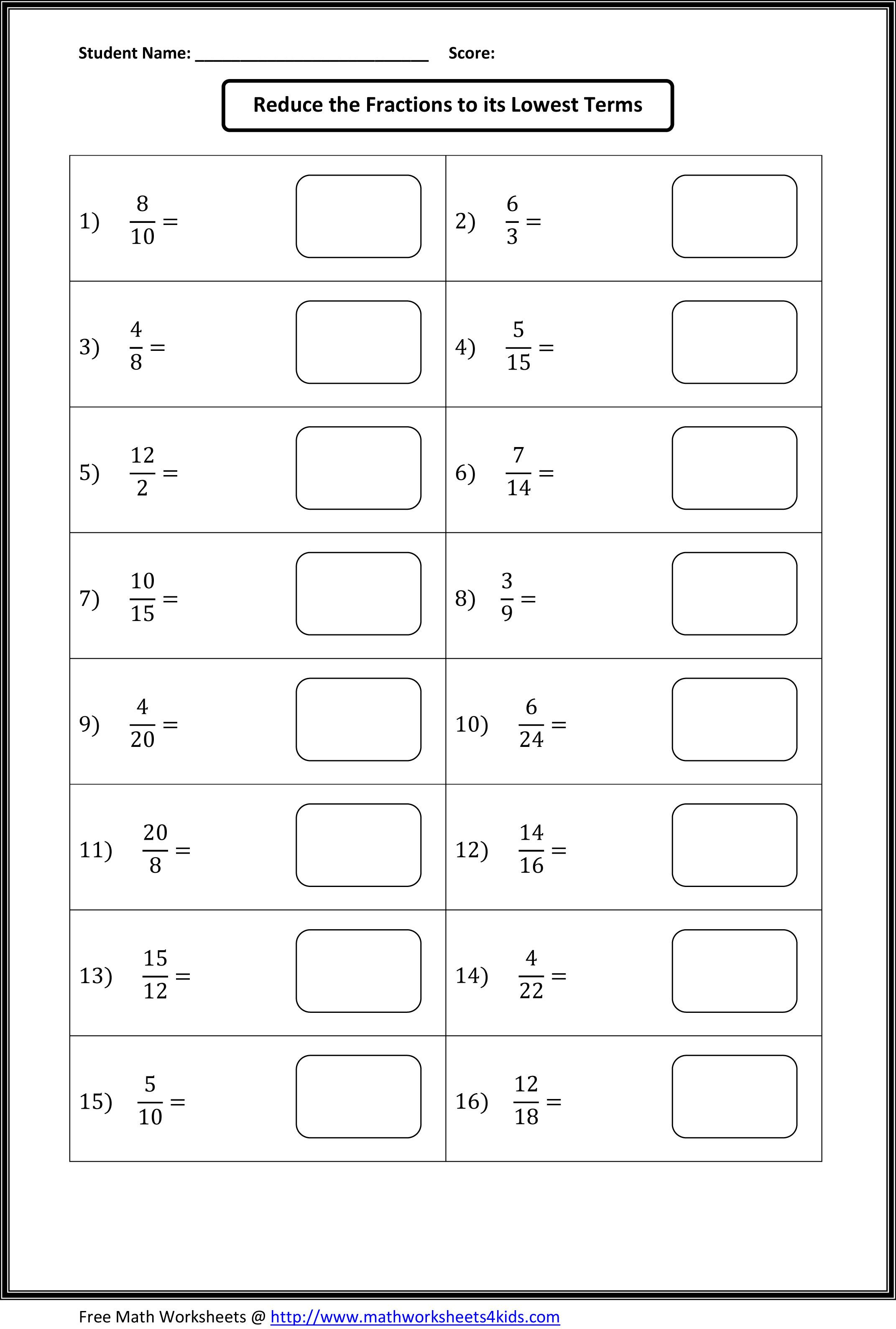 Fractions Worksheet Class 6
