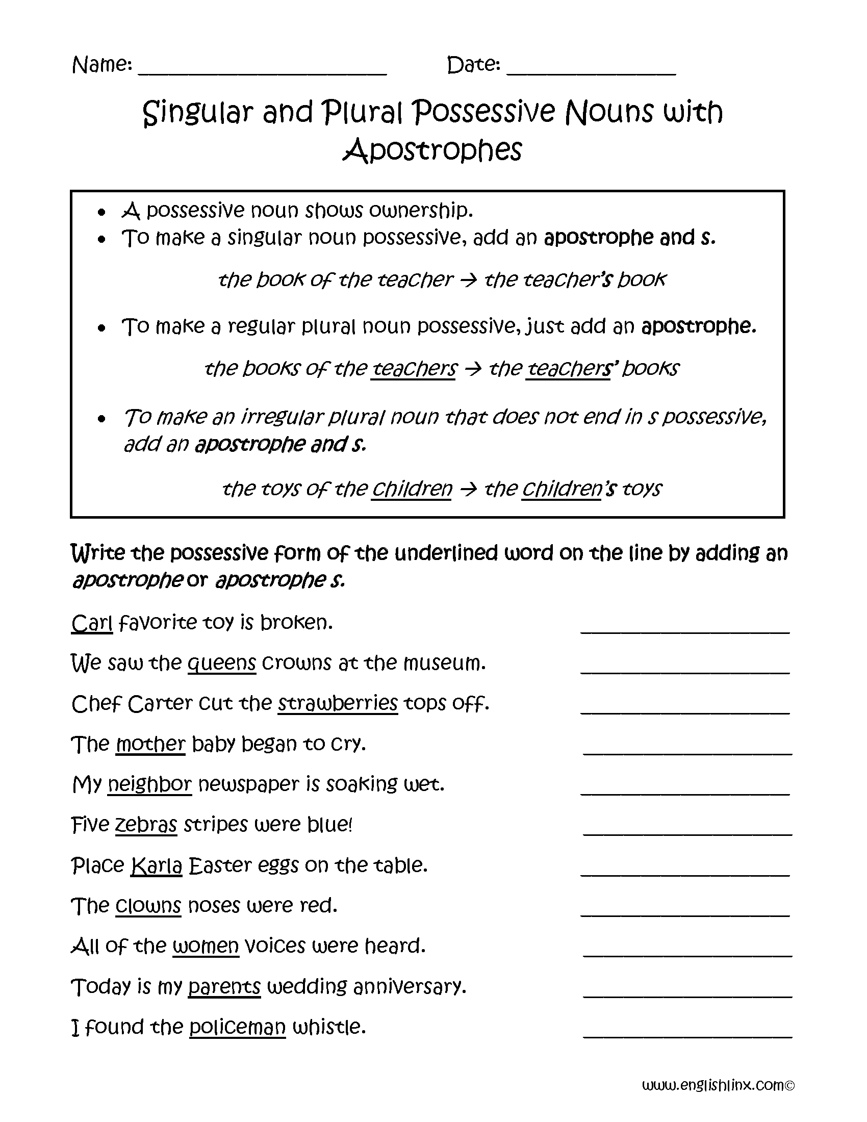 Singular And Plural Possessive Nouns With Apostrophes Worksheets | Possessive Nouns Printable Worksheets