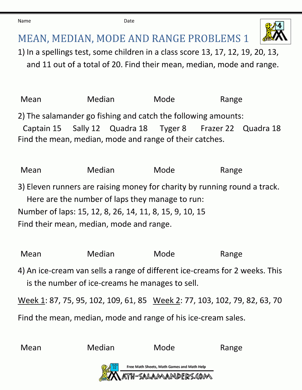 Statistics Worksheets Mean Median Mode Range Problems 1 | 5Th Grade | Free Printable Statistics Worksheets