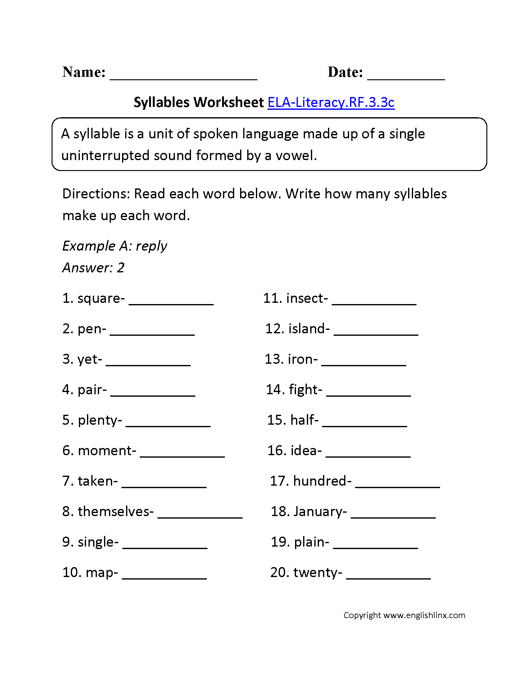 Syllables Worksheet 1 Ela-Literacy.rf.3.3C Reading Foundational | 3Rd Grade Language Arts Worksheets Printables