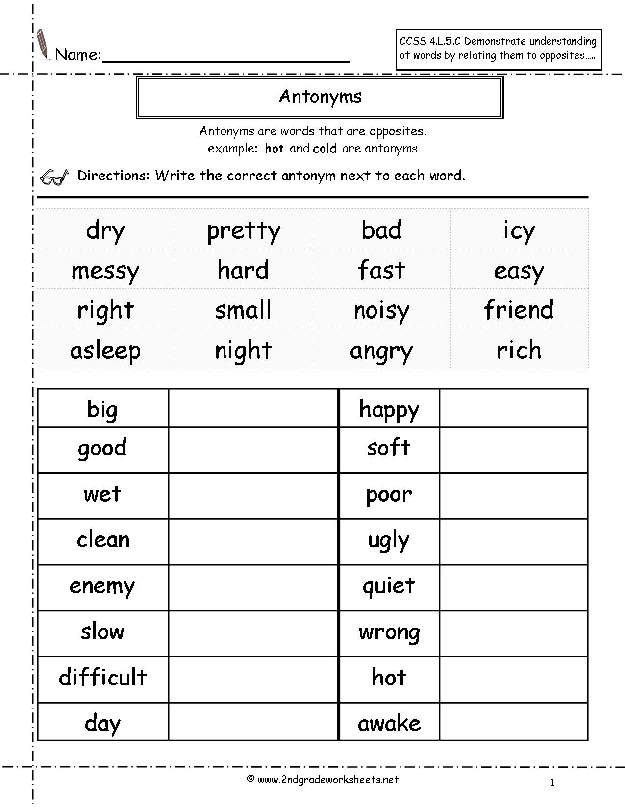 Synonyms And Antonyms Worksheets | Antonyms Printable Worksheets