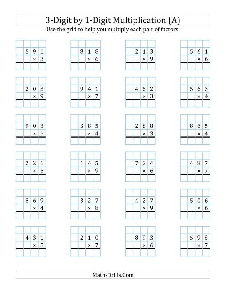 The 3 Digit1 Digit Multiplication With Grid Support A Math Multiplication Worksheets Ks2 