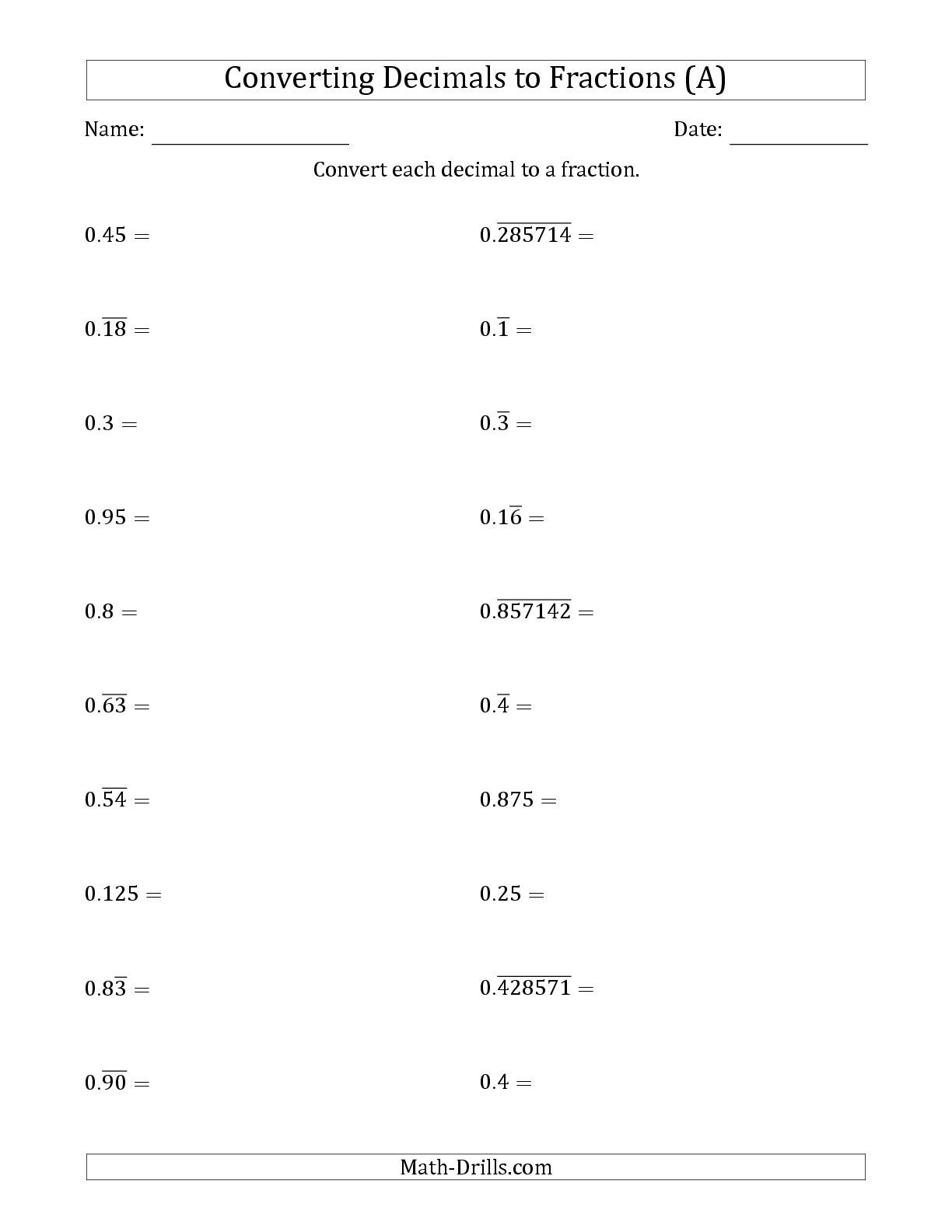 The Converting Terminating And Repeating Decimals To Fractions (A | Convert Fractions To Decimals Worksheets Free Printable
