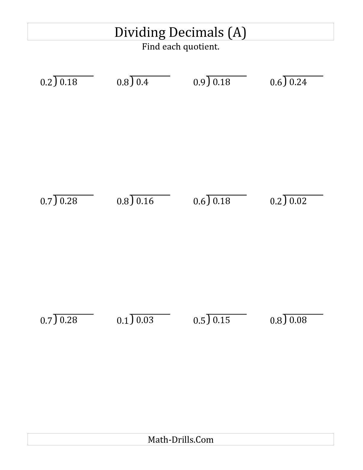 Dividing Hundredthsa Whole Number A Printable Decimal Division