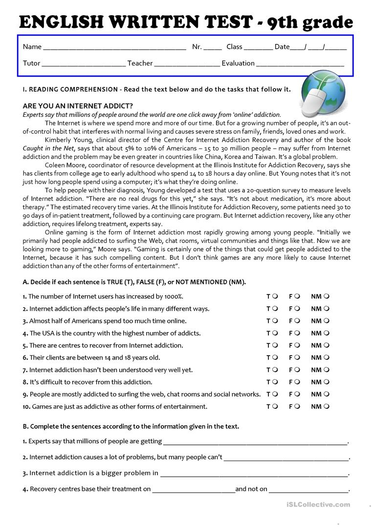 The Internet (Test 9Th Grade - A2/b1) Worksheet - Free Esl Printable | 9Th Grade English Worksheets Printable Free