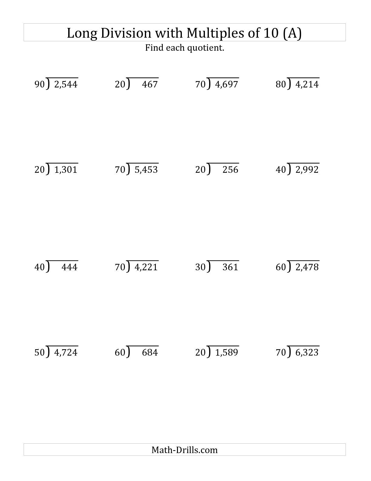 The Long Divisionmultiples Of 10 With Remainders (A) Math | Free Printable Long Division Worksheets 5Th Grade