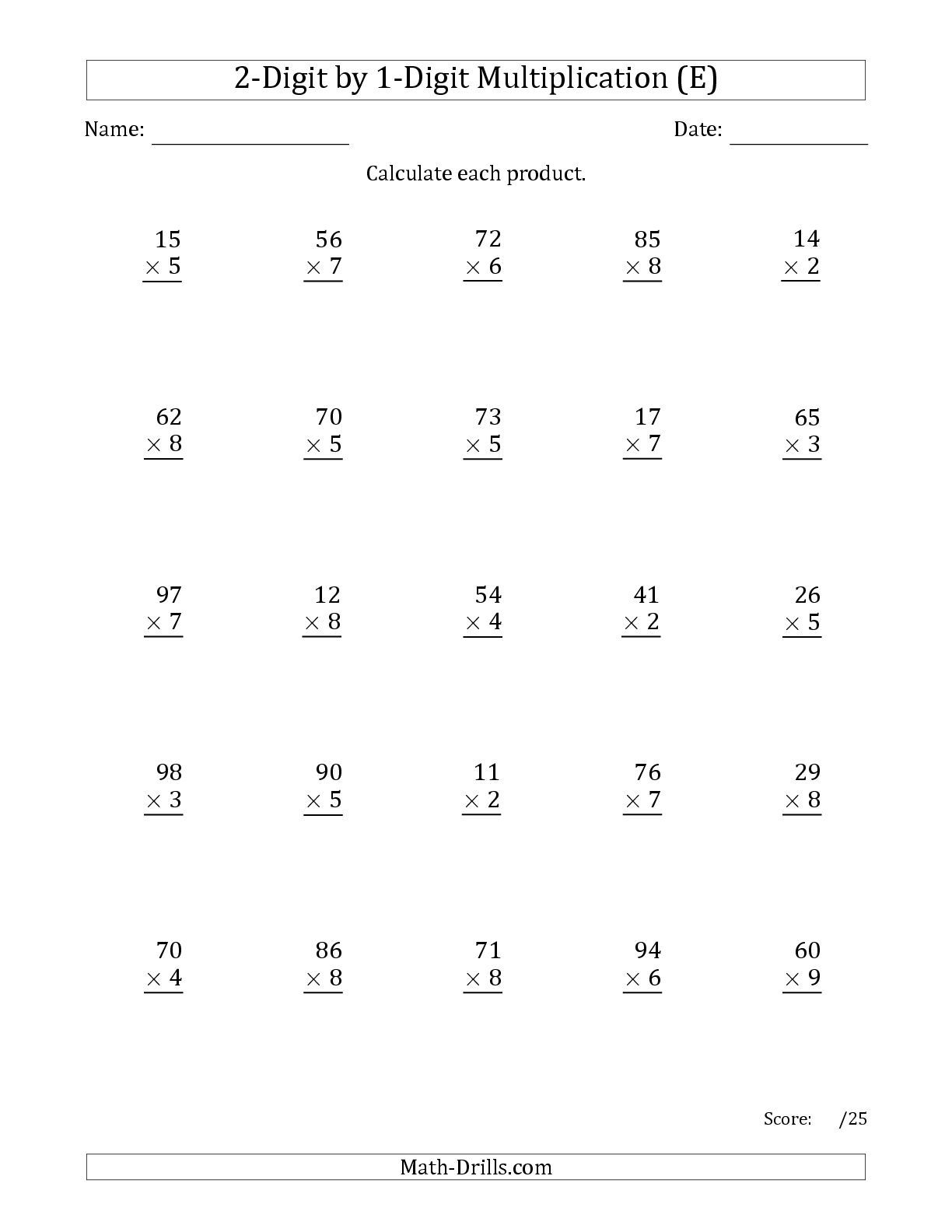 The Multiplying 2-Digit1-Digit Numbers (E) Math Worksheet From | 3 Digit By 1 Digit Multiplication Worksheets Printable