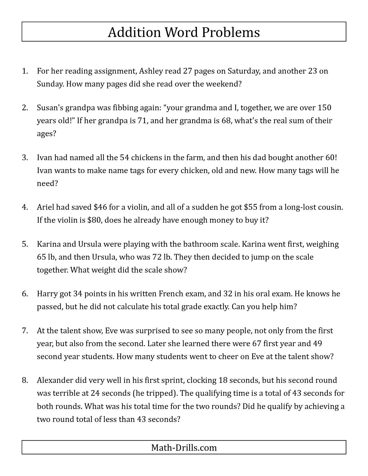 The Single-Step Addition Word Problems Using Two-Digit Numbers (A | Third Grade Math Word Problems Printable Worksheets