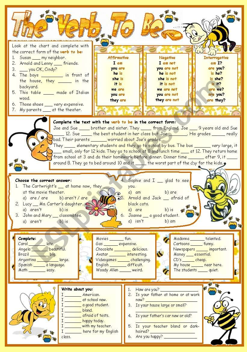 The Verb To Be-E – Reading • Grammar • Chart • Exercises • 6 Tasks | To Be Worksheets Printable