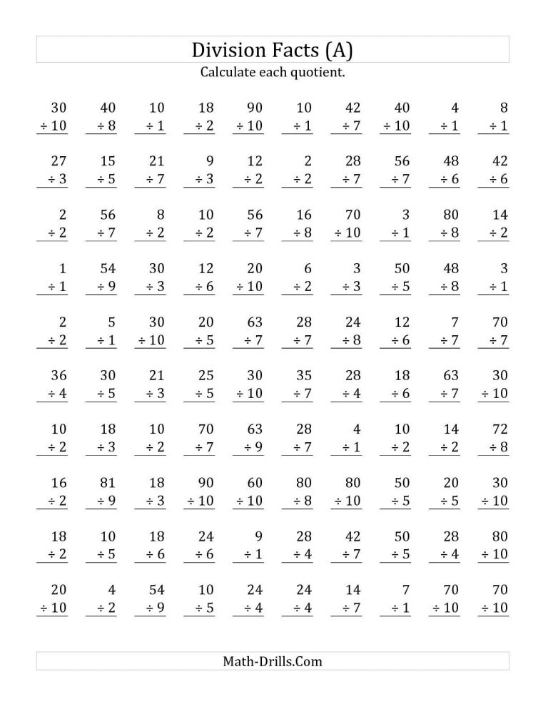 The Vertically Arranged Division Facts To 100 (A) Math Worksheet ...