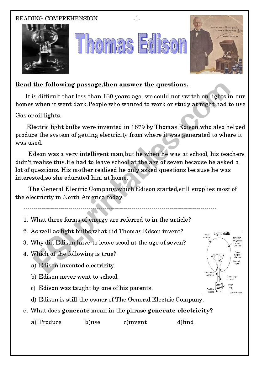 Thomas Edison - Esl Worksheetashraf Amir | Thomas Edison Printable Worksheets