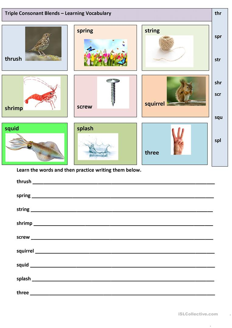 Triple Consonant Blends - Learning Vocabulary Worksheet - Free Esl | Free Printable Consonant Blends Worksheets