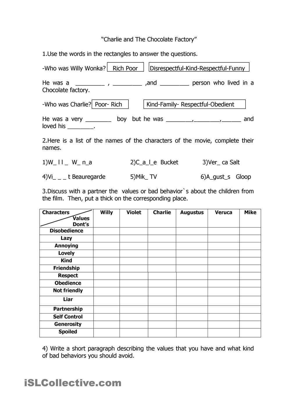 Values- Film Charlie And The Chocolate Factory | Teaching - Language | Charlie And The Chocolate Factory Worksheets Printable