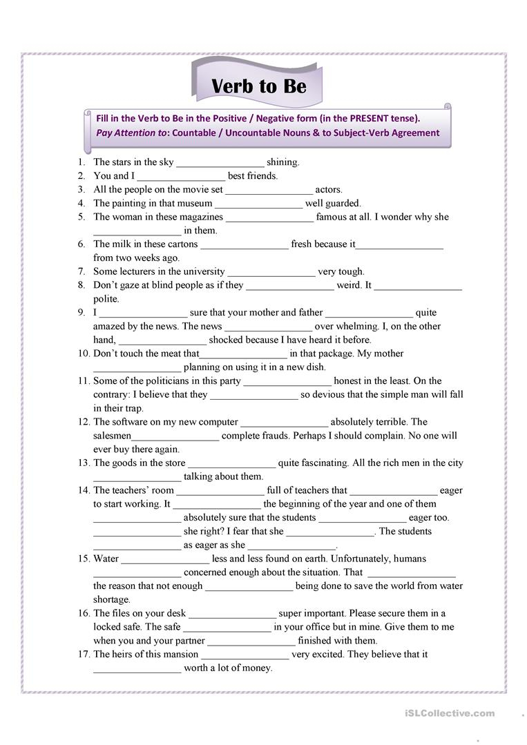 Verb To Be For Advanced Students Worksheet - Free Esl Printable | Free Printable Esl Worksheets For High School