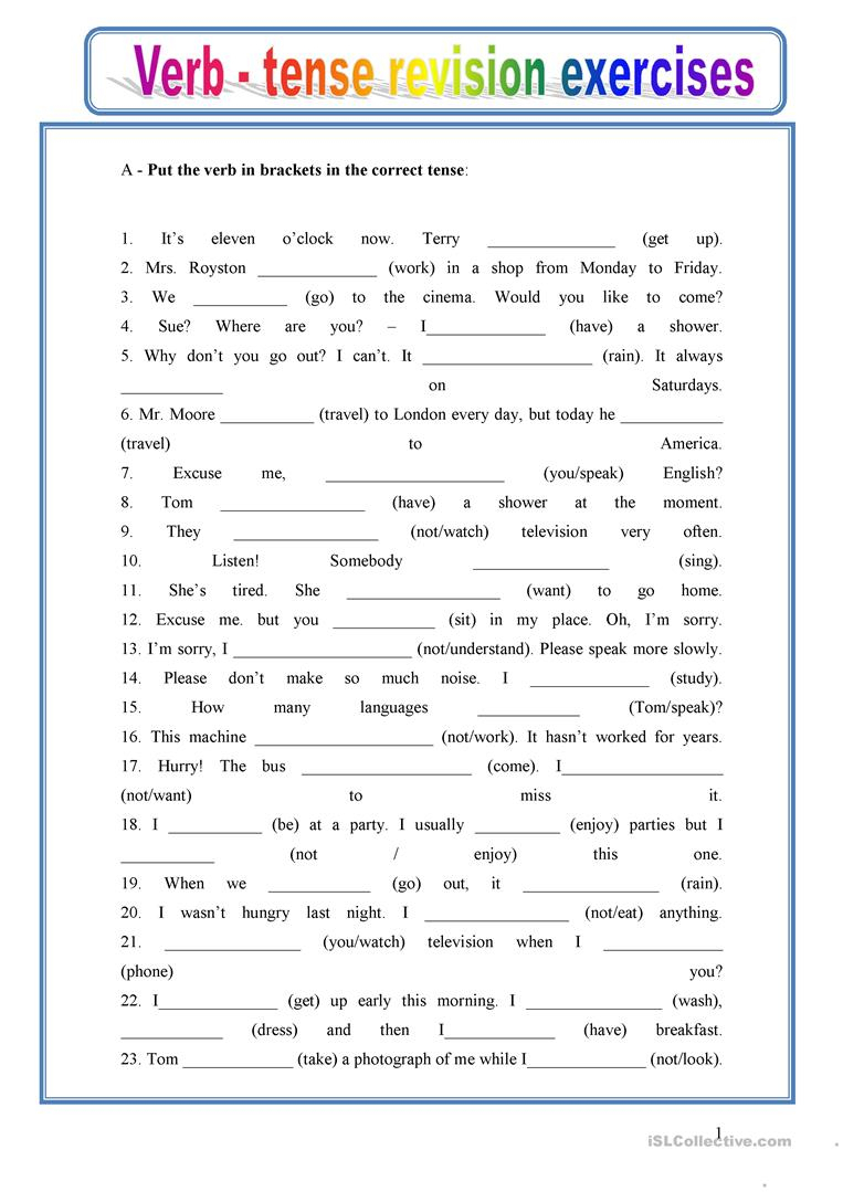 Verbs Tense Exercises - Koran.sticken.co | Free Printable Worksheets On Verb Tenses