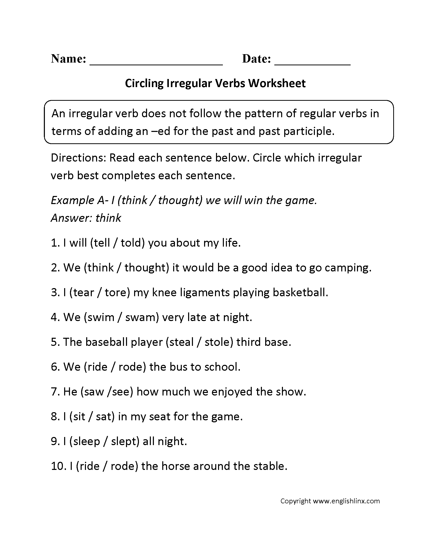 Verbs Worksheets | Irregular Verbs Worksheets | Free Printable Irregular Verb Worksheets