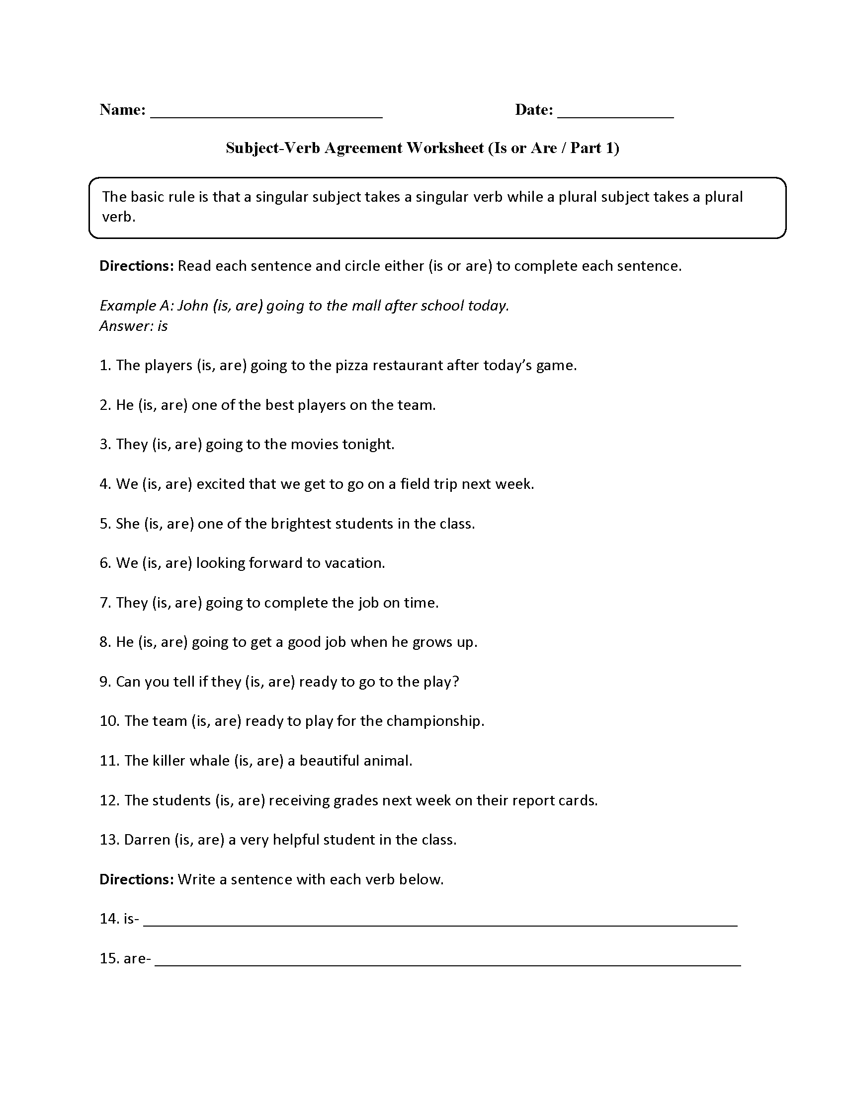 Verbs Worksheets | Subject Verb Agreement Worksheets | Subject Verb Agreement Printable Worksheets High School