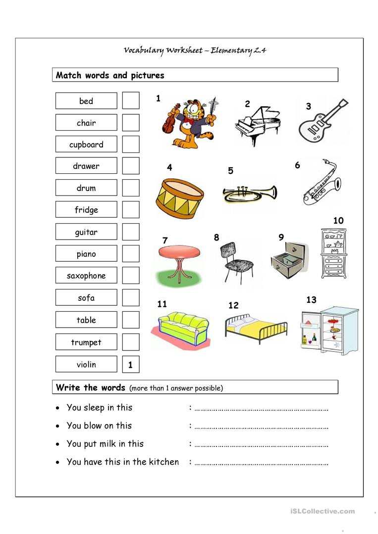Vocabulary Matching Worksheet - Elementary 2.4 (Musical Instruments | Reading Music Worksheets Printable