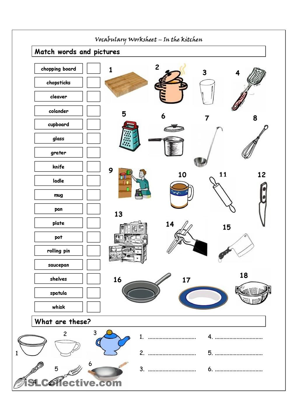 Vocabulary Matching Worksheet - In The Kitchen | Amazing | Life | Kitchen Utensils Printable Worksheets