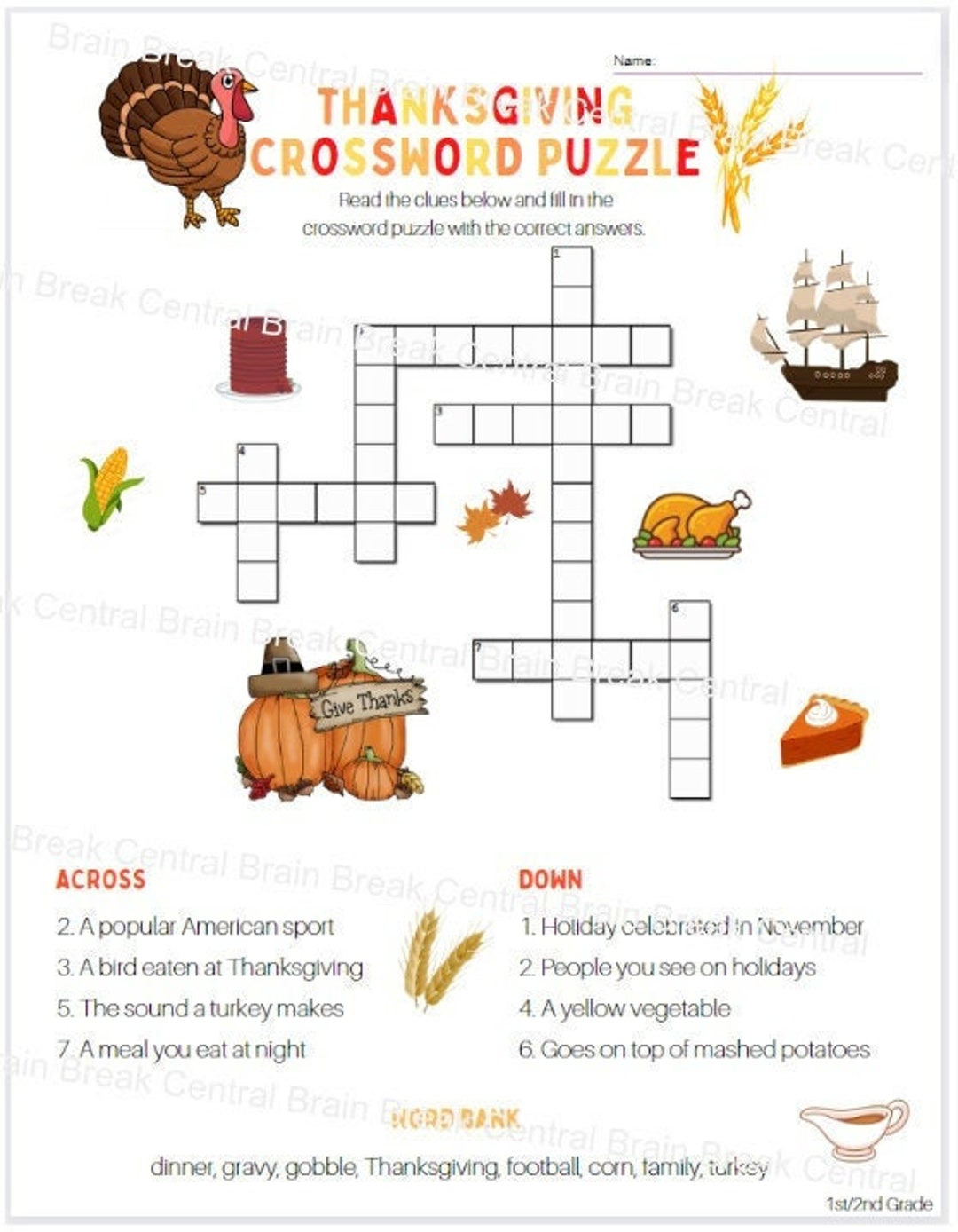 1St Grade Thanksgiving Crossword Puzzle With Word Bank And Answer | Thanksgiving Crossword Puzzle Worksheet Answer Key
