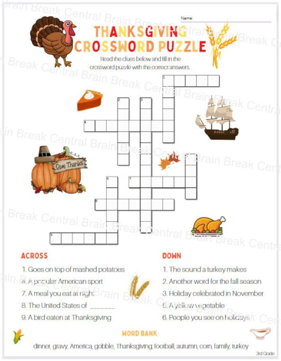 3Rd Grade Thanksgiving Crossword Puzzle With Word Bank And Answer | Thanksgiving Worksheets 3Rd Grade