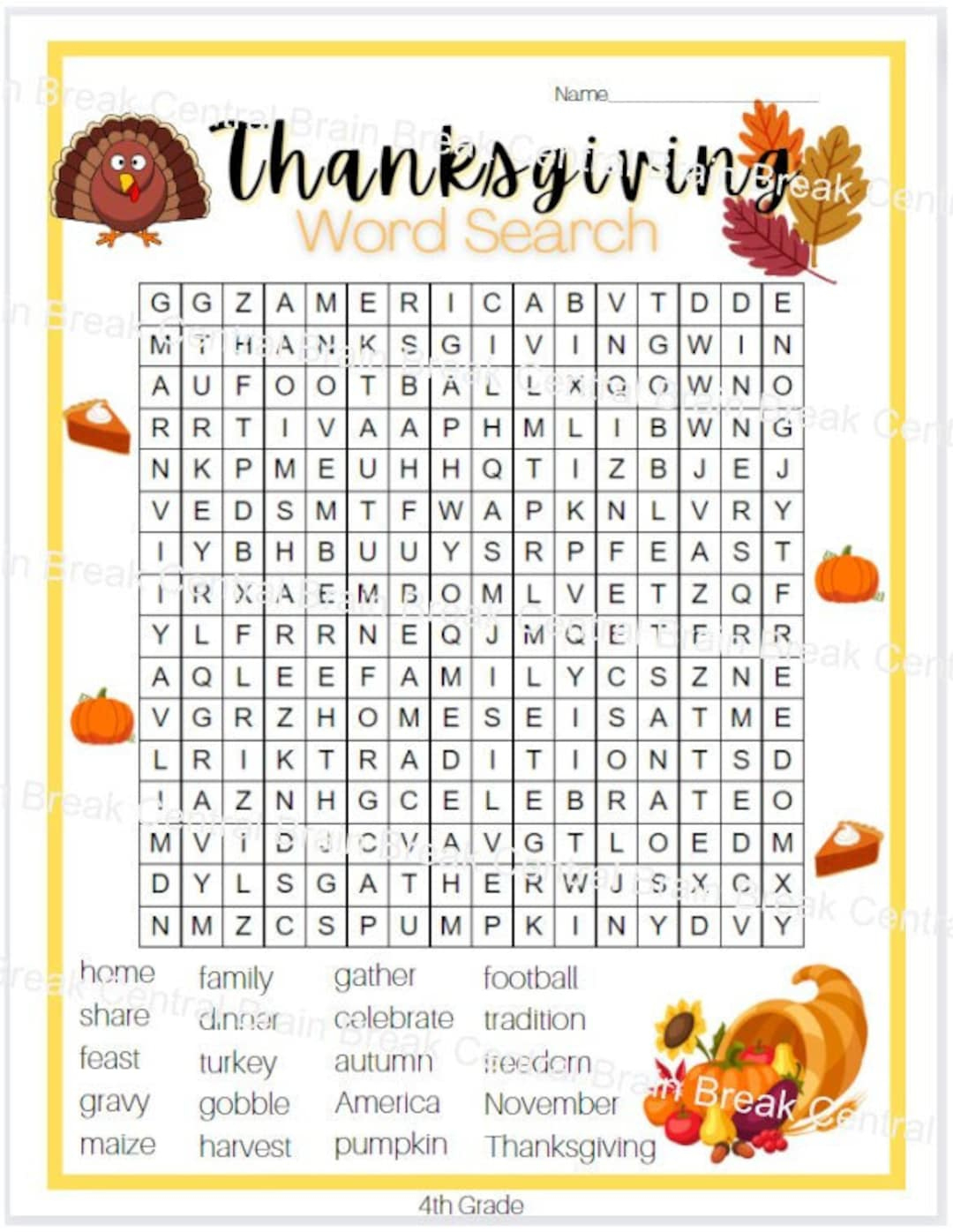 4Th Grade Thanksgiving Word Search With Answer Key, Printable - Etsy | 4Th Grade Thanksgiving Worksheets