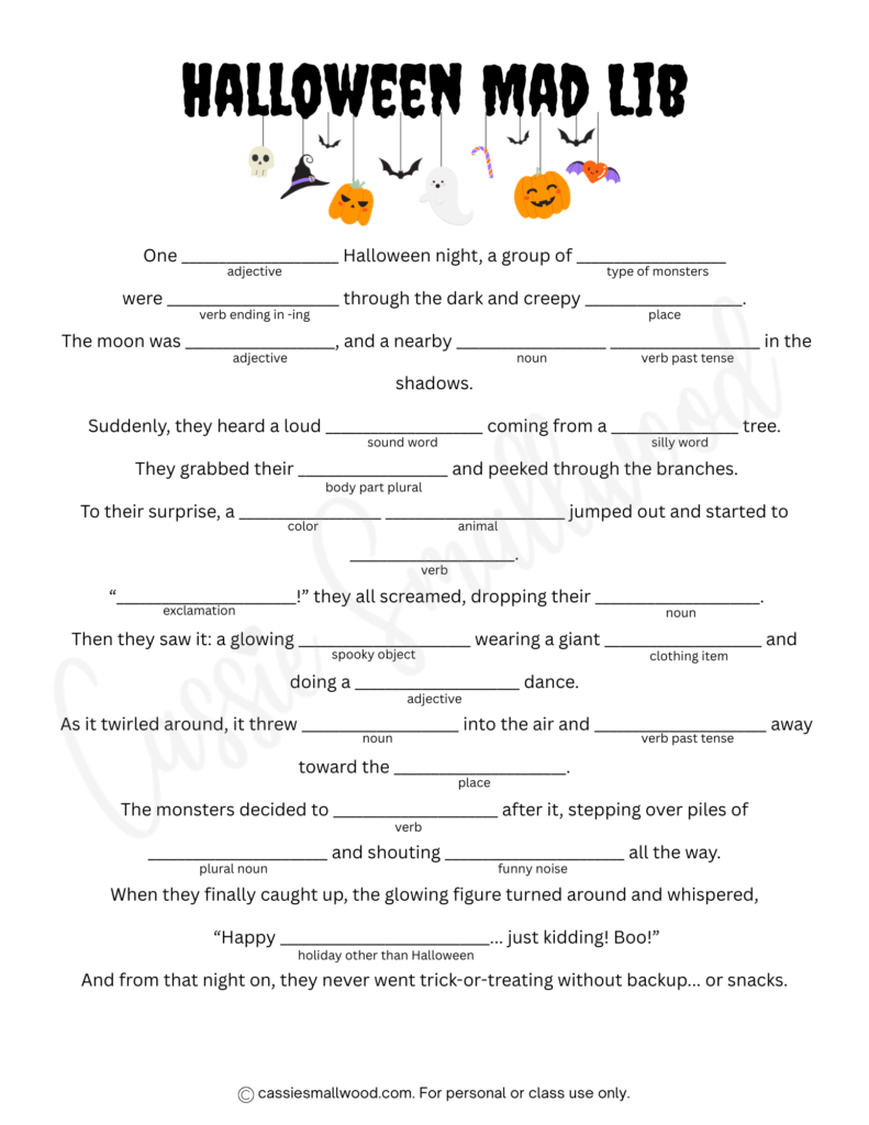 5 Fun Halloween Mad Libs (Free Printable) - Cassie Smallwood | Mad Libs Printable Worksheets
