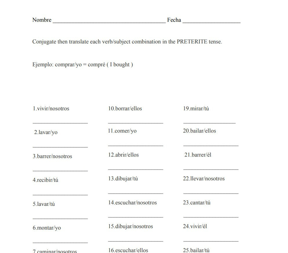 50 Spanish Preterite Tense Conjugations Worksheet - Etsy | Spanish Preterite Worksheets Printable