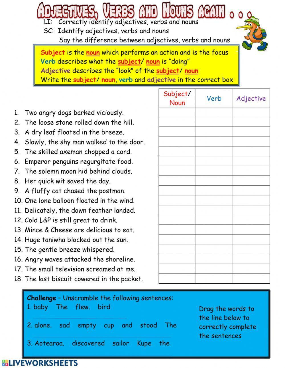 Adjectives Verbs And Nouns Again Worksheet | Live Worksheets | Free Printable Worksheets On Nouns Verbs Adjectives
