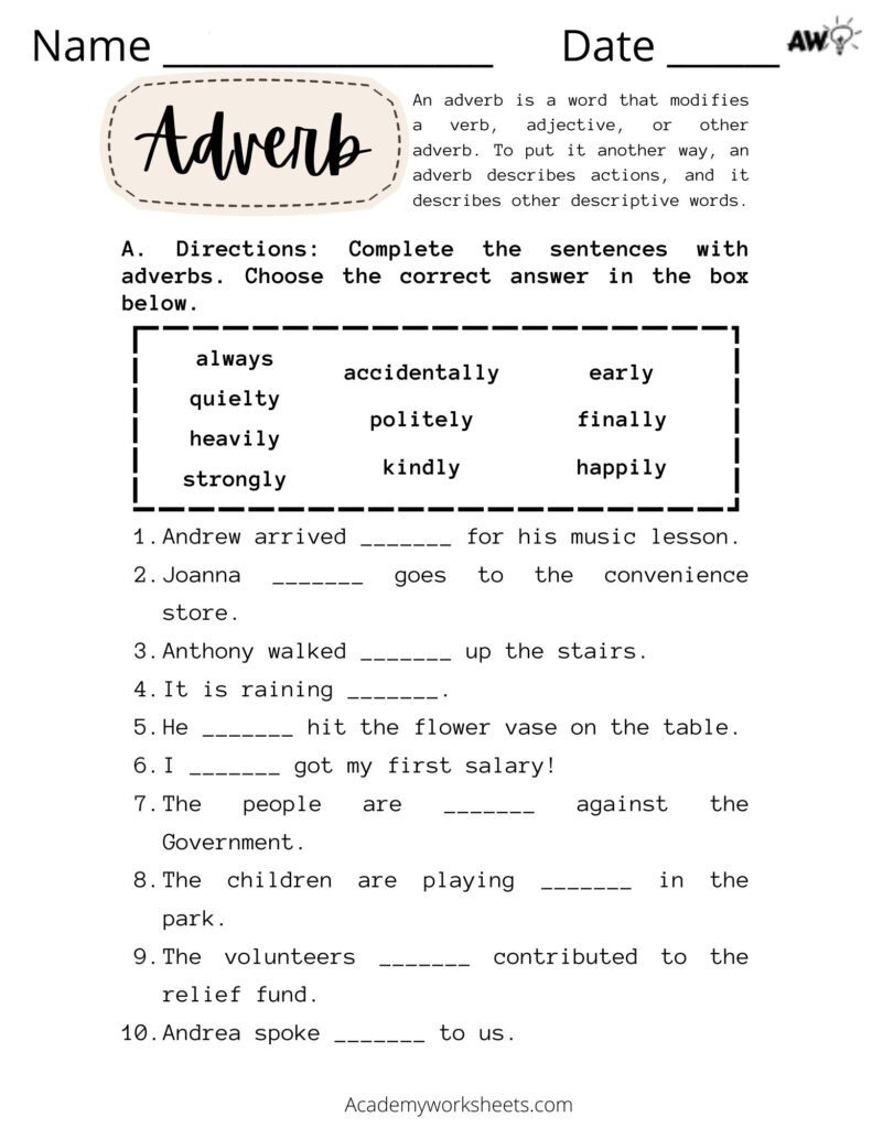 Adverb Worksheet - Academy Worksheets - Worksheets Library | Free Printable Adverb Worksheets