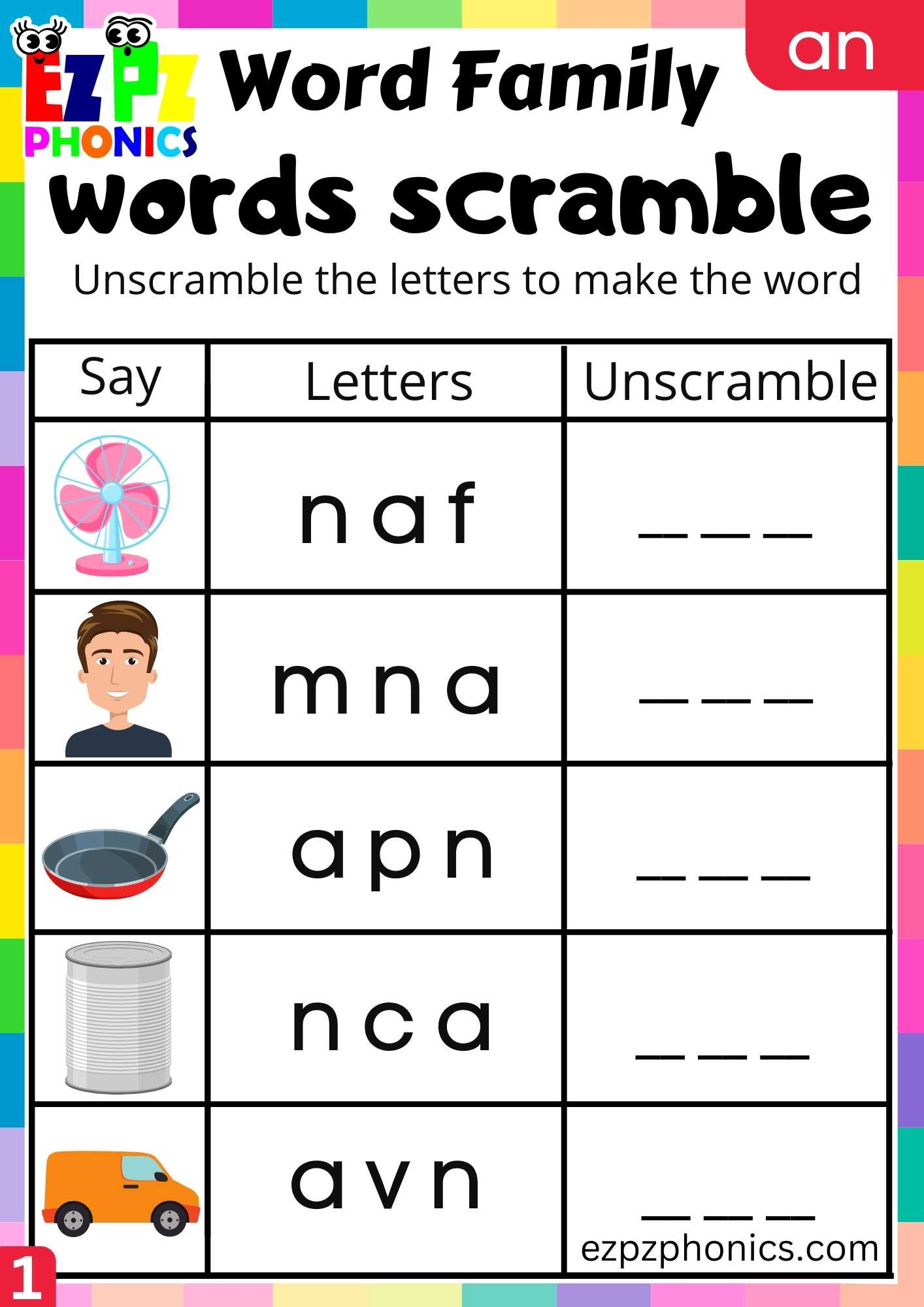 An Words Words Scramble Phonics Word Families Worksheet | Printable Word Family Worksheets