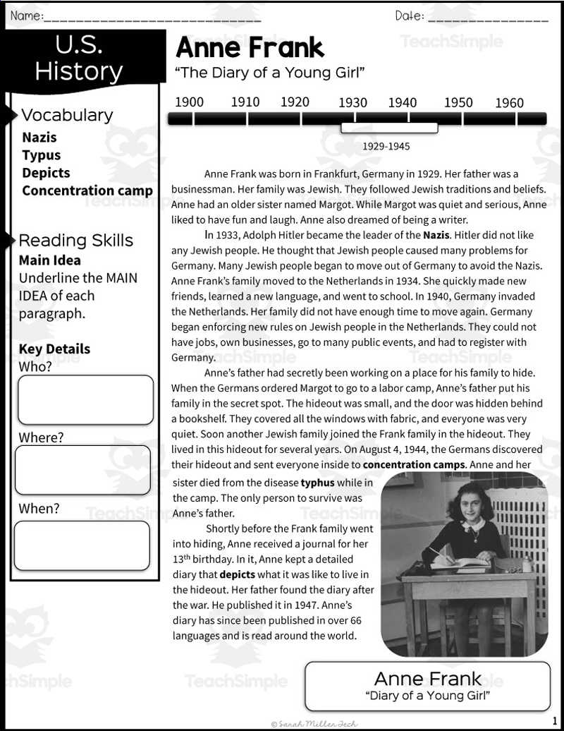 Anne Frank Reading Packet | Anne Frank Worksheets Printable