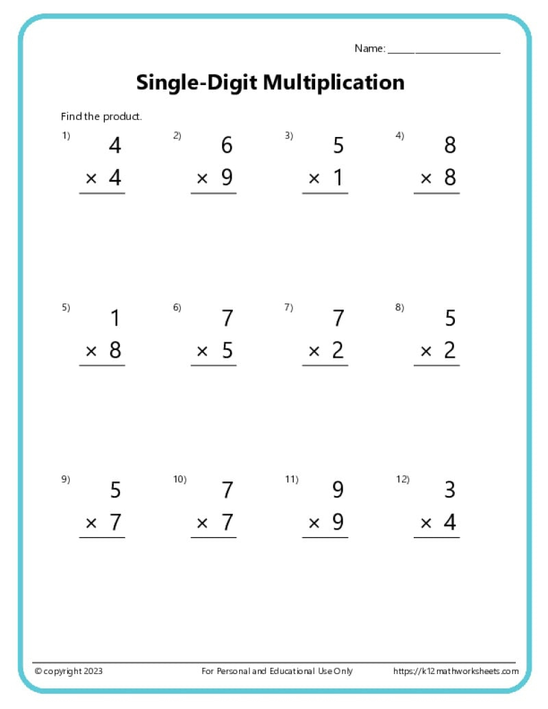 Basic Multiplication Worksheets - K12 Math Worksheets | Free Printable Multiplication Worksheets 0 12