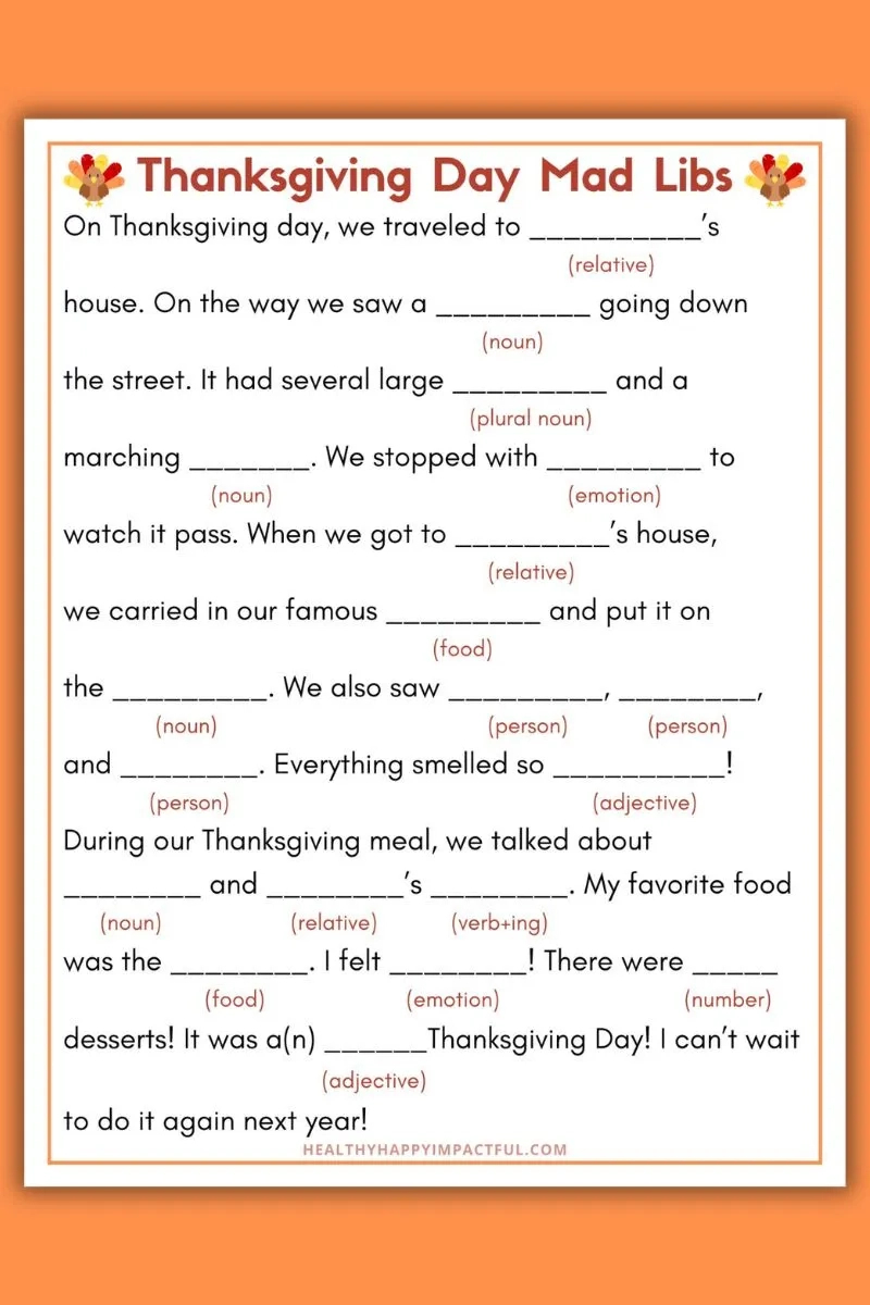 Best Thanksgiving Mad Libs Free Printable (Use It This Year!) | Thanksgiving Mad Libs Worksheets