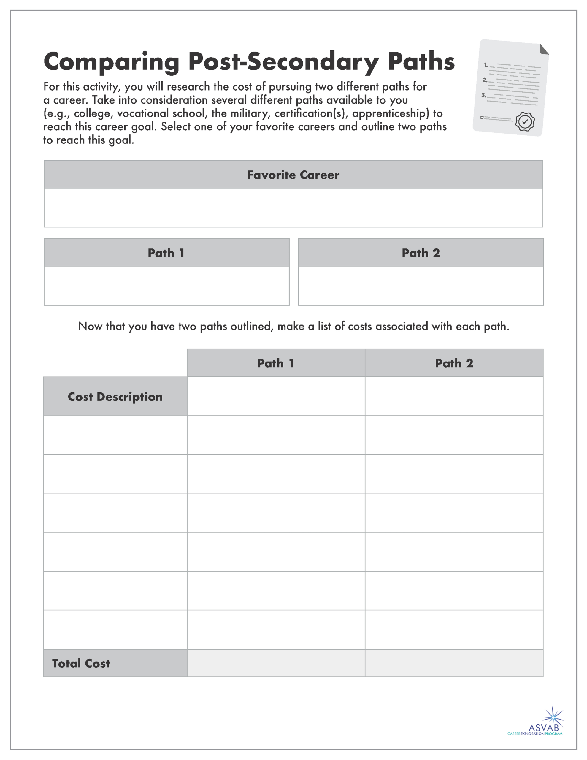 Career Exploration Activities For Students | Asvab Cep | Career Exploration Worksheets Printable