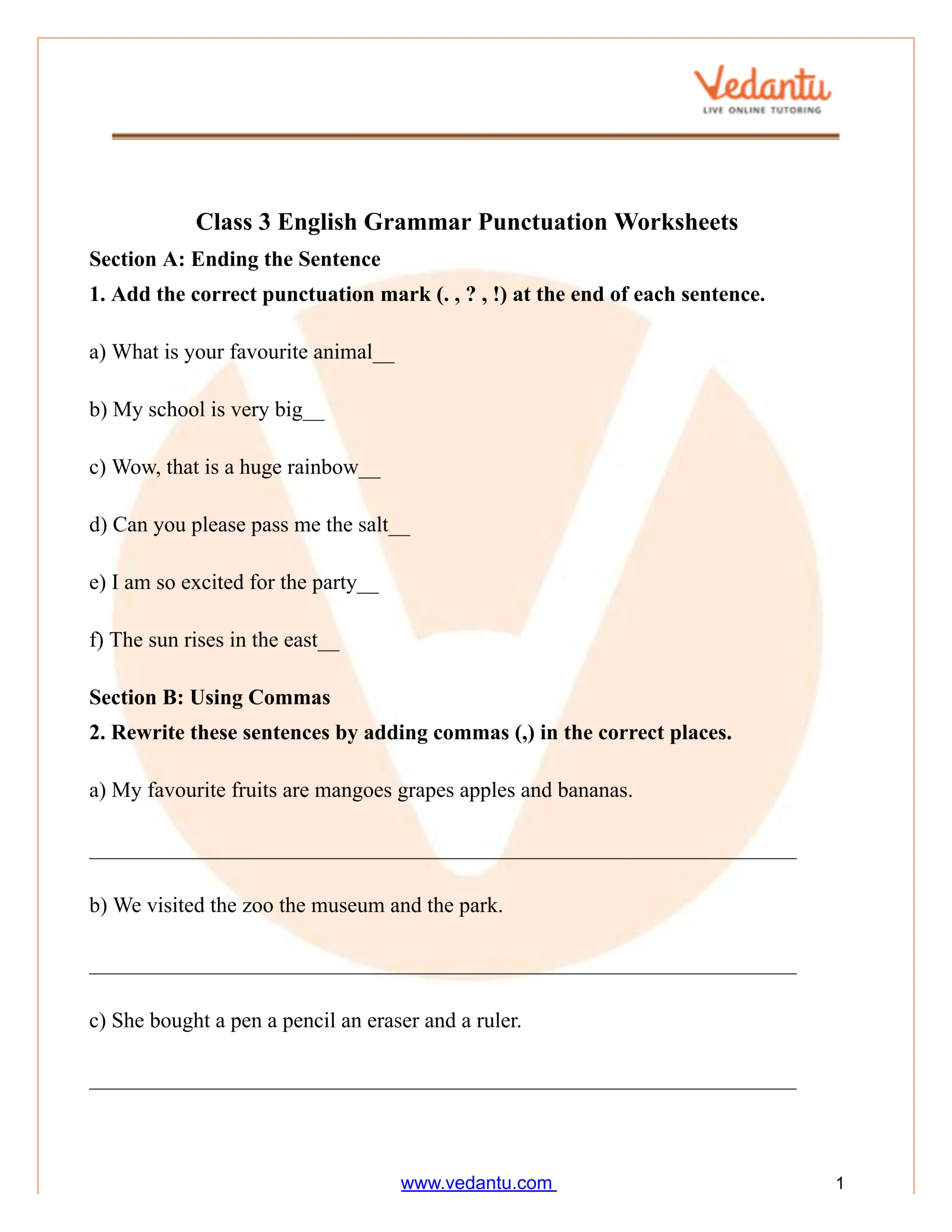 Class 3 English Grammar Punctuation Worksheet Pdf | Free Practice | Free Printable Punctuation Worksheets For 3Rd Grade