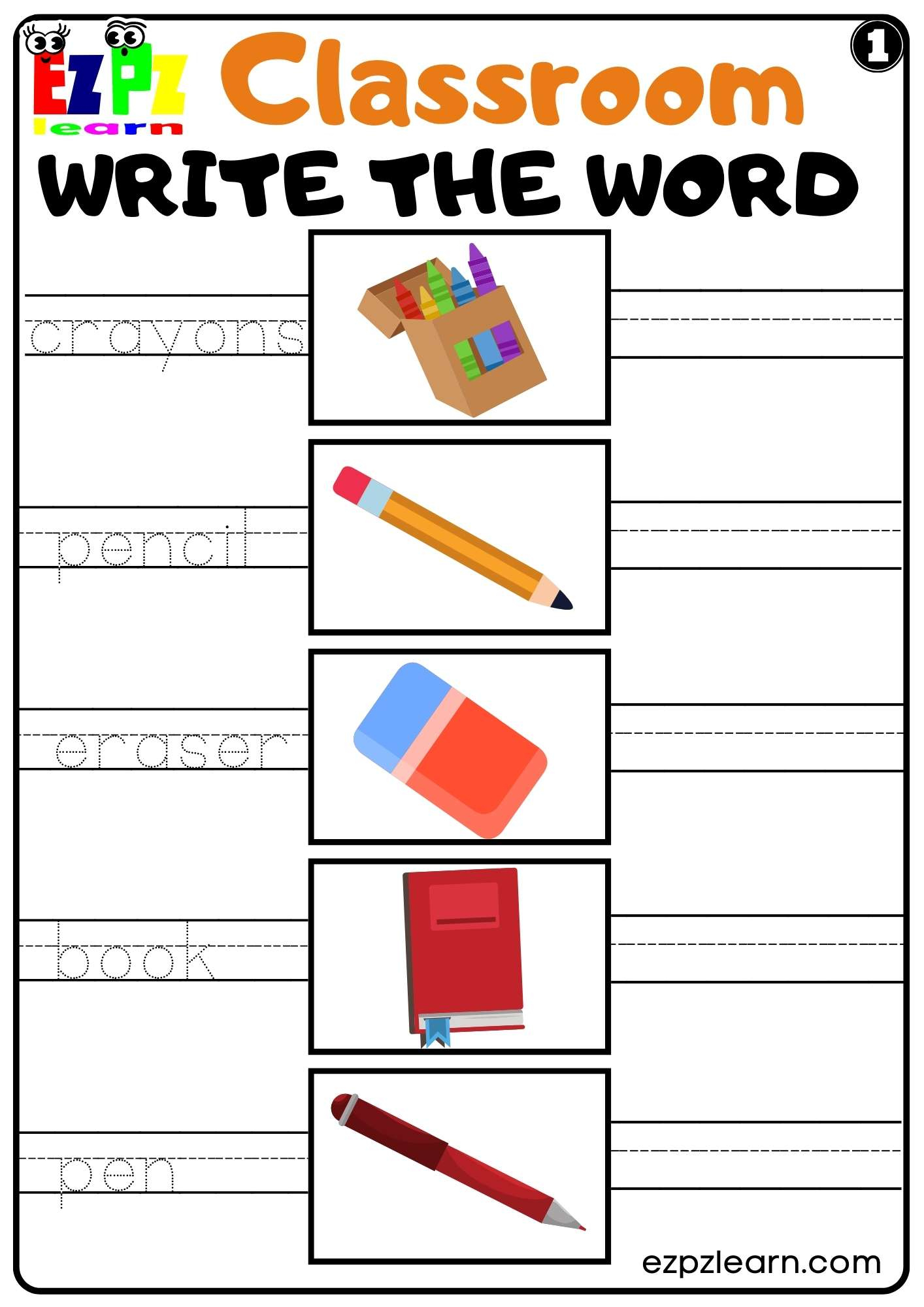 Classroom Objects Write The Word Worksheet Set 1 For Kids | Free Printable Classroom Worksheets