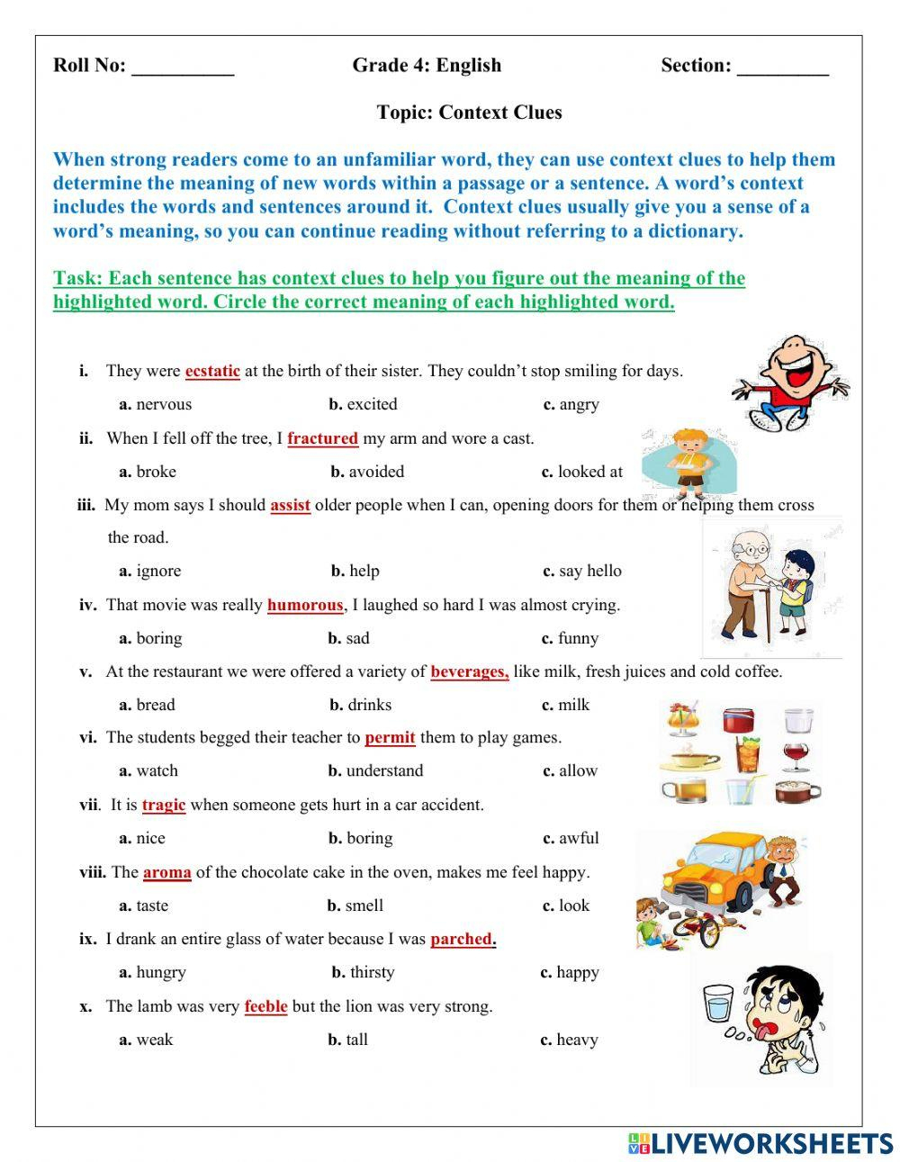 Context Clues Online Exercise For Grade 4 | Live Worksheets | Context Clues Printable Worksheets 4Th Grade