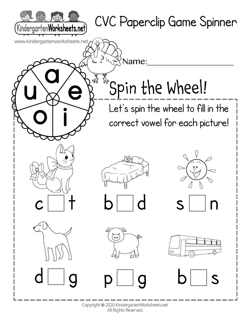Cvc Paperclip Game Spinner Worksheet - Free Printable, Digital, &amp;amp; Pdf | Thanksgiving Cvc Worksheets
