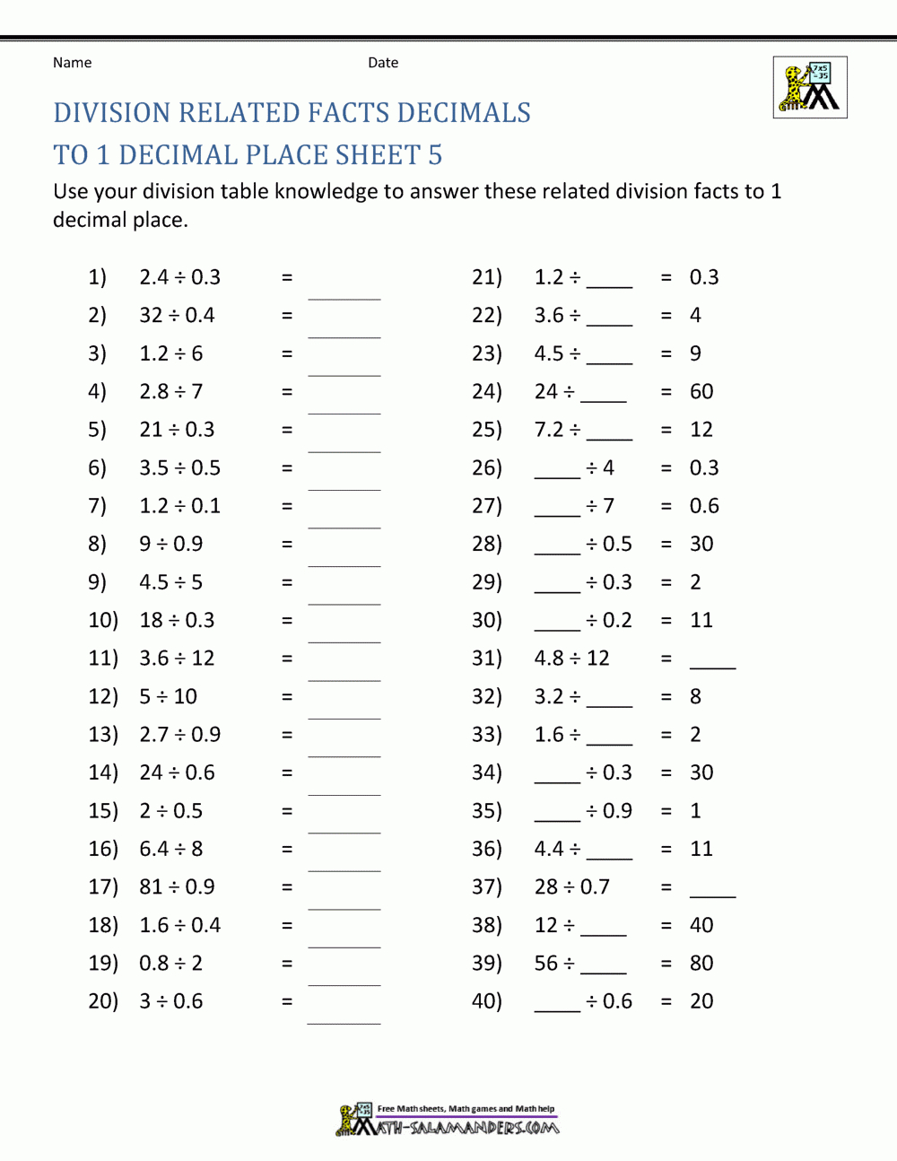 decimal division worksheets long division with decimals worksheets printable Decimal Division Worksheets | Long Division With Decimals Worksheets Printable