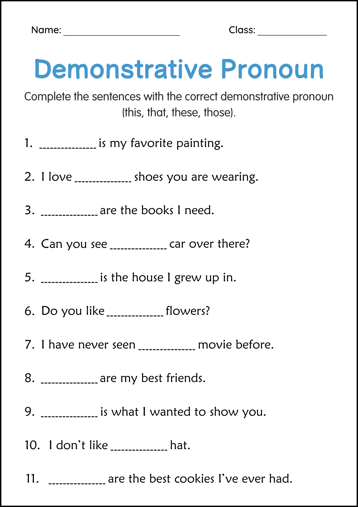 Demonstrative Pronouns Grammar Activity Worksheets Grade 1, 2, 3 | Demonstrative Pronouns Worksheets Printable