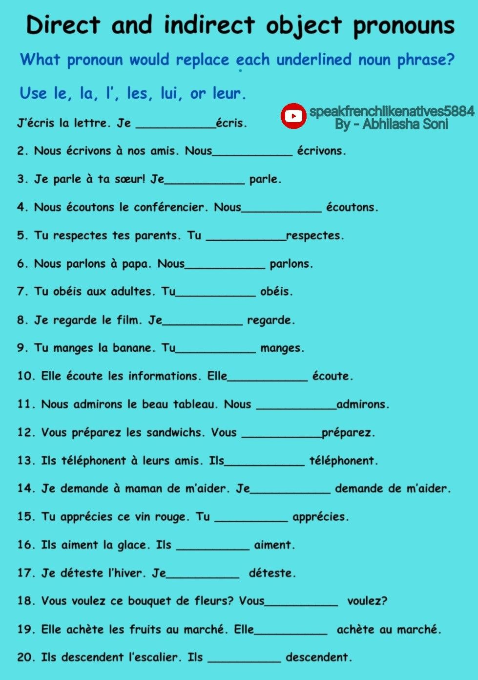 direct and indirect objects in french french direct and indirect object pronouns printable worksheet Direct And Indirect Objects In French | French Direct And Indirect Object Pronouns Printable Worksheet