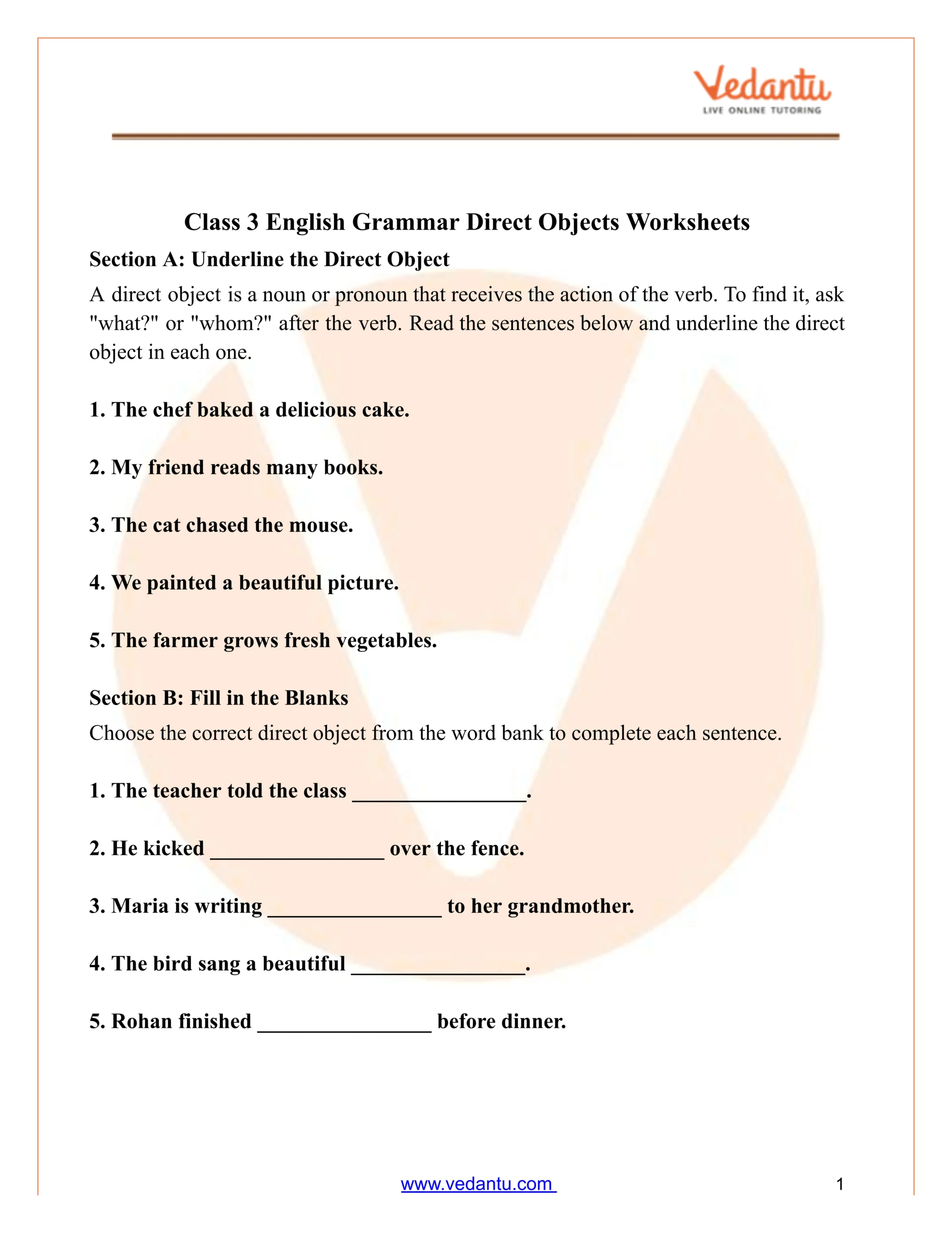 Direct Object Worksheet For Class 3 – Printable English Grammar Pdf | Direct Object Printable Worksheets