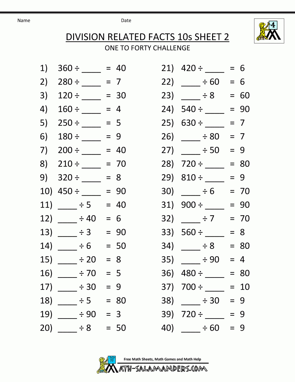 Dividingmultiples Of 10 - Worksheets Library | Year 10 Maths Worksheets Printable