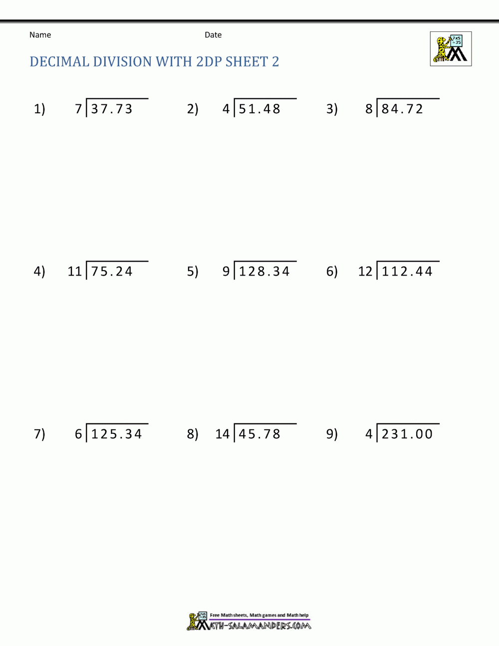 division of decimal numbers worksheets long division with decimals worksheets printable Division Of Decimal Numbers Worksheets | Long Division With Decimals Worksheets Printable
